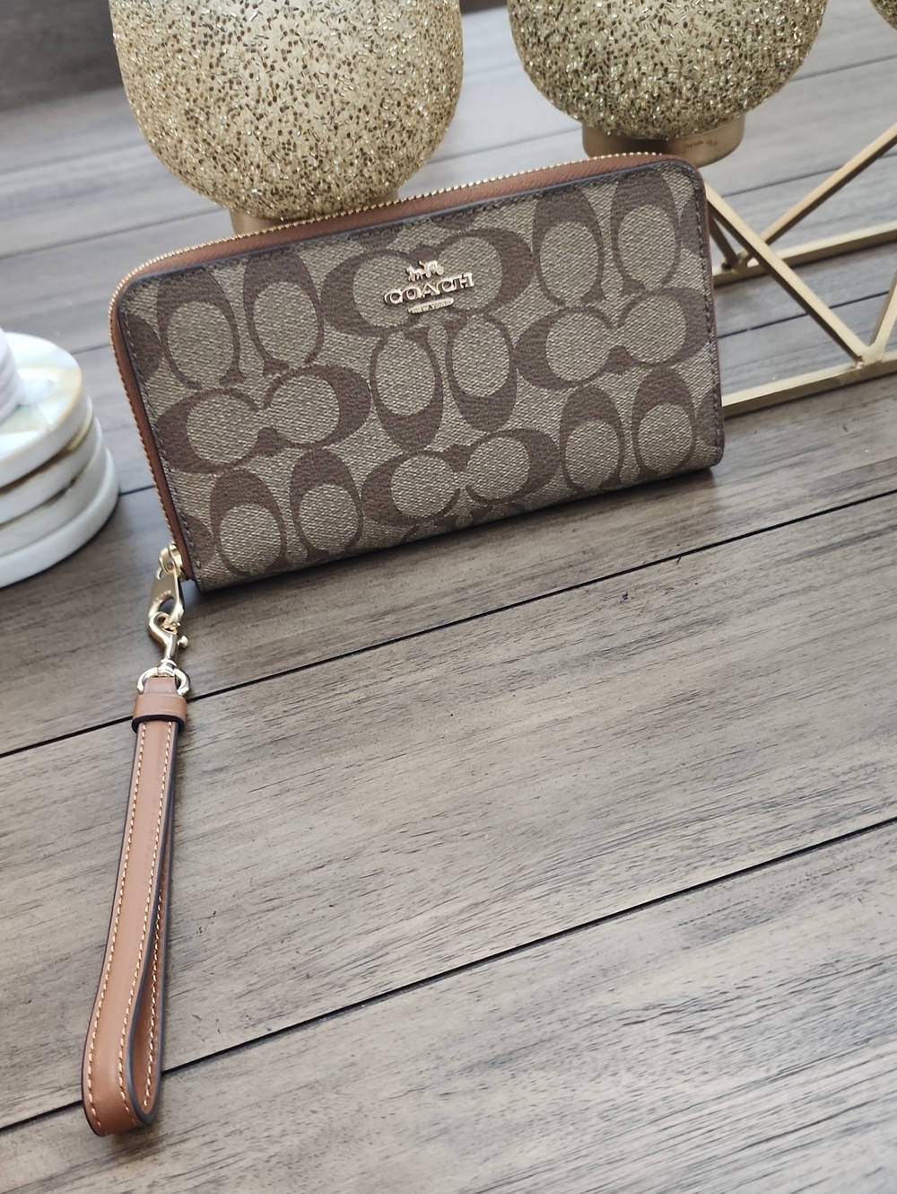 Coach Brown Signature Canvas Wristlet with Detachable Strap